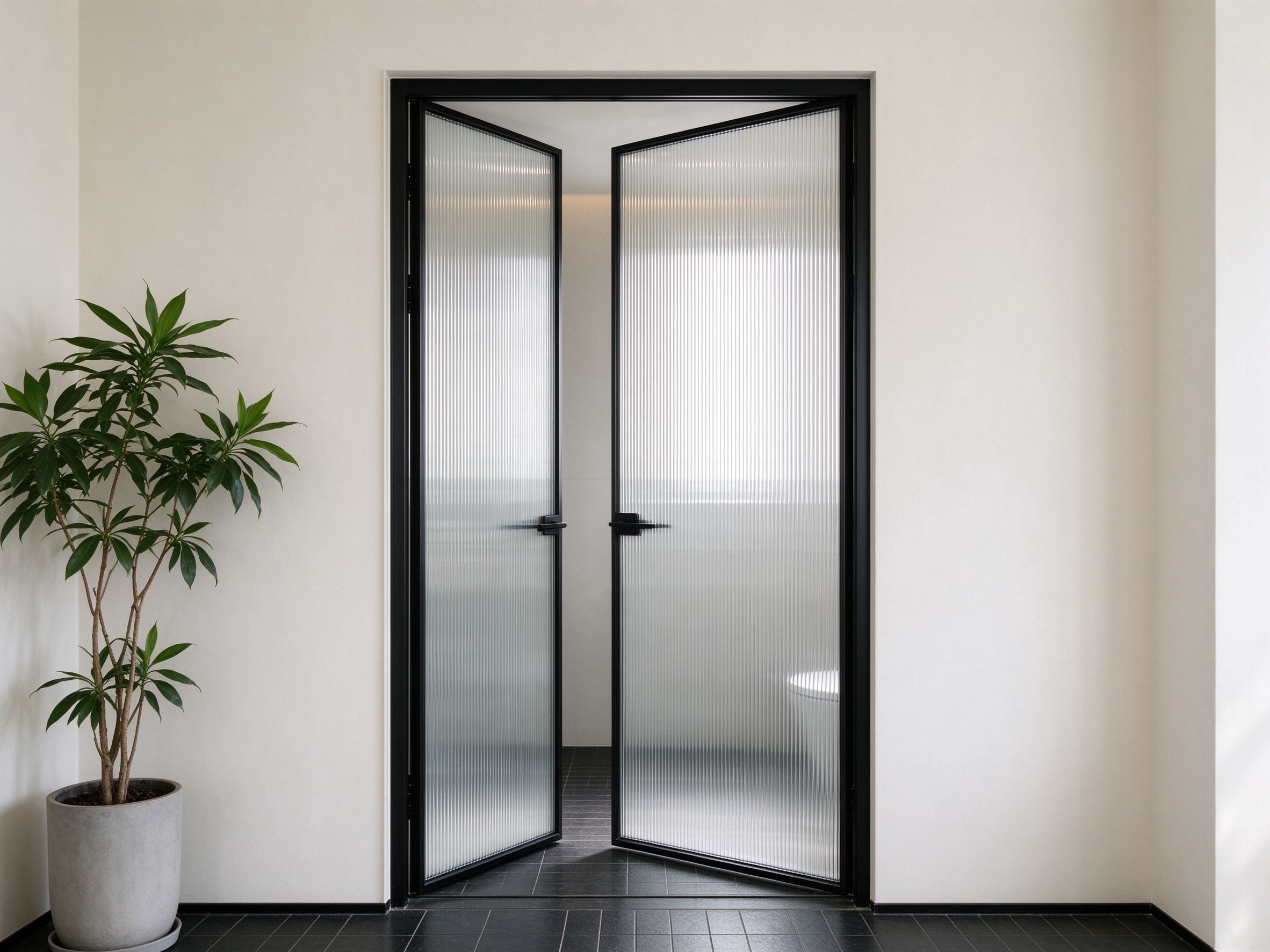 Reeded glass bathroom door slim aluminium frame